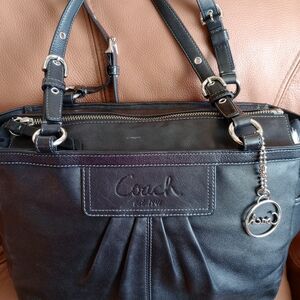 Coach Dark Leather Shoulder Bag with Silver Accents